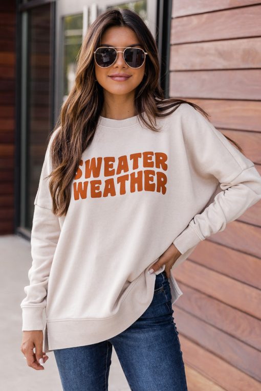 Coupon ⌛ Pink Lily Sweater Weather Wave Light Tan Graphic Sweatshirt ✨ -Tees Shop