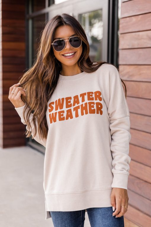 Coupon ⌛ Pink Lily Sweater Weather Wave Light Tan Graphic Sweatshirt ✨ -Tees Shop