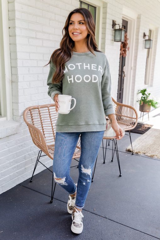 Deals 🥰 Pink Lily 👩 Motherhood Olive Graphic Sweatshirt 🔔 -Tees Shop