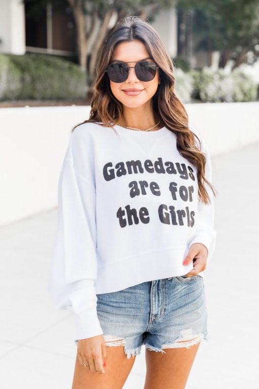 Cheap 🤩 Pink Lily Gamedays Are For The 👧 Girls White Cropped Corded Graphic Sweatshirt 🛒 -Tees Shop