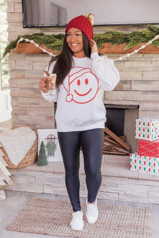 Best deal 🎁 Pink Lily Santa Smiley White Graphic Sweatshirt 😍 -Tees Shop