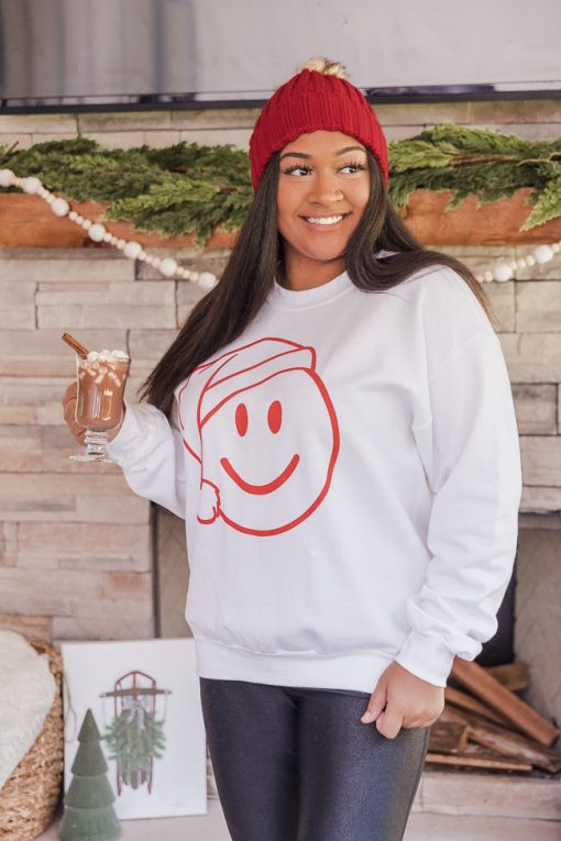 Best deal 🎁 Pink Lily Santa Smiley White Graphic Sweatshirt 😍 -Tees Shop