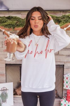 Discount 💯 Pink Lily Ho Ho Ho Script White Graphic Sweatshirt ✨ -Tees Shop CP125495 167308 goodnightdreamsred 174406 chasingrealityblack 164834 spillthetea 1 650x