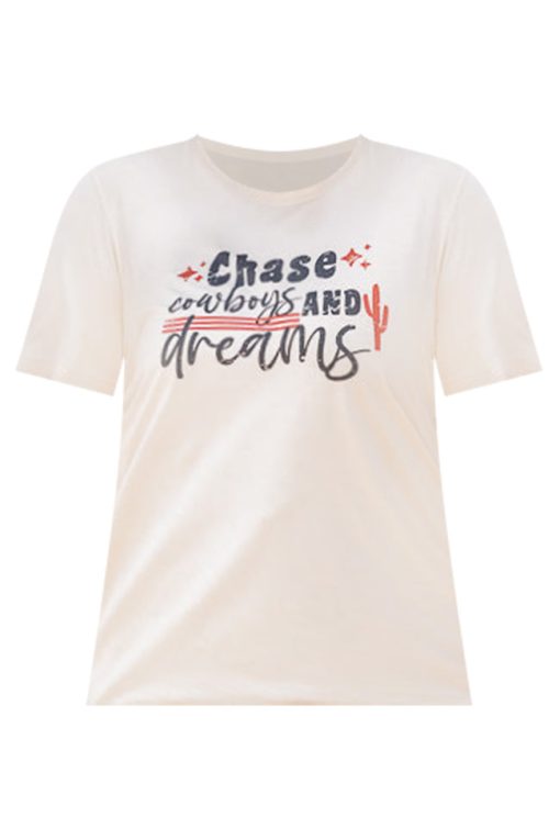 Discount ❤️ Pink Lily Chase Cowboys And Dreams Cream Graphic Tee 🧨 -Tees Shop