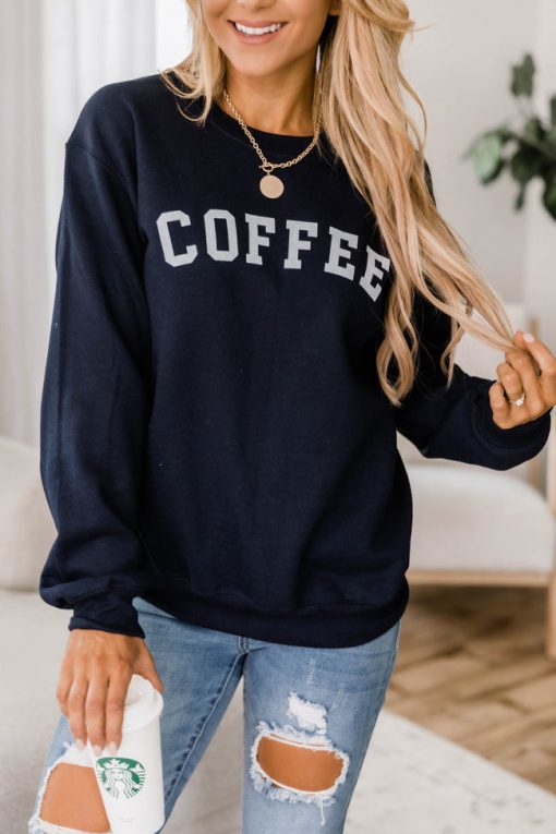 Best deal 👏 Pink Lily Coffee Varsity Graphic Navy Sweatshirt 🔔 -Tees Shop