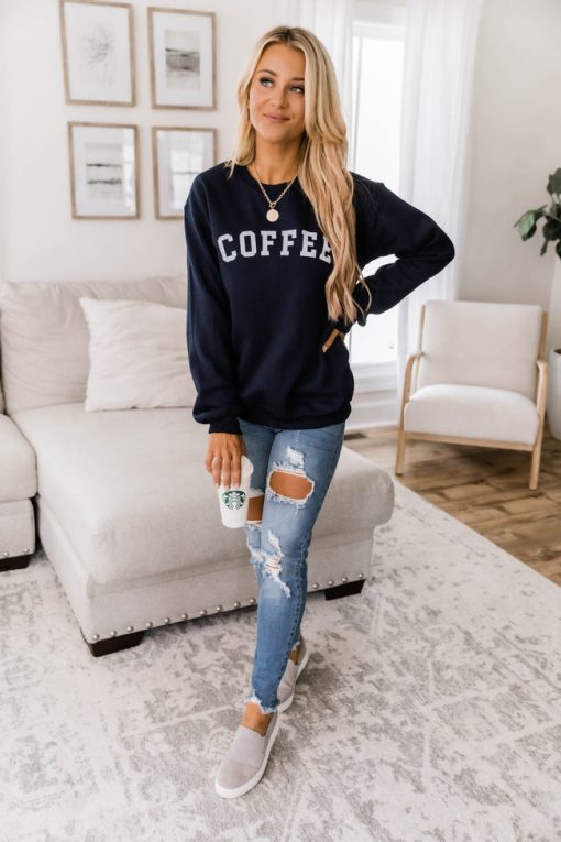 Best deal 👏 Pink Lily Coffee Varsity Graphic Navy Sweatshirt 🔔 -Tees Shop