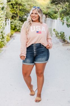 Outlet ⭐ Pink Lily Athletic USA Flag Peach Graphic Sweatshirt 👍 -Tees Shop D152187 athleticusaflagpeach riveradaydreamdark jenna findadirection 1 650x