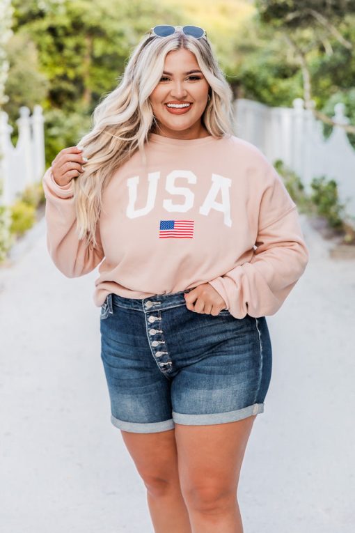 Outlet ⭐ Pink Lily Athletic USA Flag Peach Graphic Sweatshirt 👍 -Tees Shop