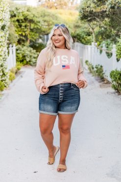 Outlet ⭐ Pink Lily Athletic USA Flag Peach Graphic Sweatshirt 👍 -Tees Shop D152187 athleticusaflagpeach riveradaydreamdark jenna findadirection 6 650x