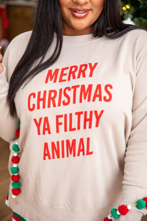 Cheapest ✨ Pink Lily Merry ❄ Christmas Ya Filthy Animal Light Tan Sweatshirt 🔥 -Tees Shop