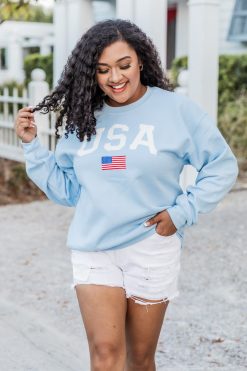 Cheapest 🌟 Pink Lily Athletic USA Flag Graphic Light Blue Sweatshirt 👍 -Tees Shop D171224 athelticusaflaglightblue divinedays jenny 9 650x