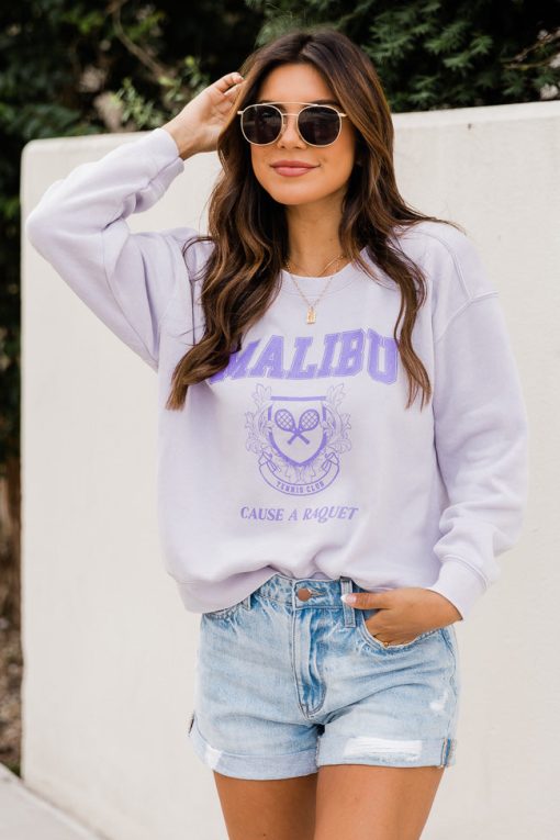 Top 10 👍 Pink Lily Malibu Tennis Club Graphic Soft Lavendar Sweatshirt 🛒 -Tees Shop