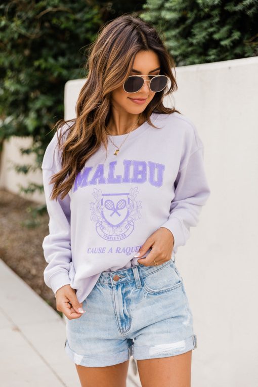 Top 10 👍 Pink Lily Malibu Tennis Club Graphic Soft Lavendar Sweatshirt 🛒 -Tees Shop