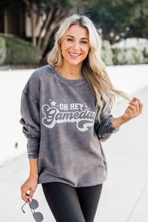 New ⭐ Pink Lily Oh Hey Gameday Charcoal Corded Graphic Sweatshirt 💯 -Tees Shop