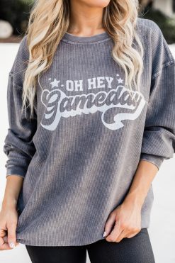 New ⭐ Pink Lily Oh Hey Gameday Charcoal Corded Graphic Sweatshirt 💯 -Tees Shop D173786 4 650x