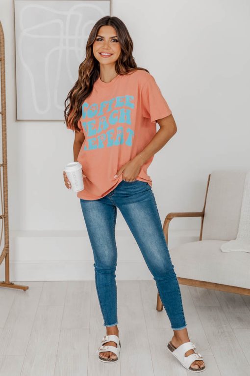 Cheapest ❤️ Pink Lily Coffee Teach Repeat Graphic Terracotta Tee 🧨 -Tees Shop