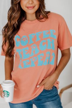 Cheapest ❤️ Pink Lily Coffee Teach Repeat Graphic Terracotta Tee 🧨 -Tees Shop D184730 7 650x