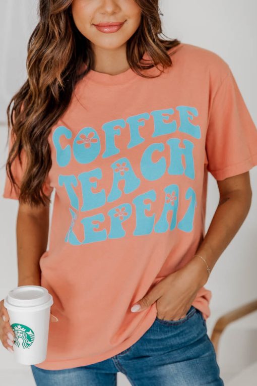 Cheapest ❤️ Pink Lily Coffee Teach Repeat Graphic Terracotta Tee 🧨 -Tees Shop