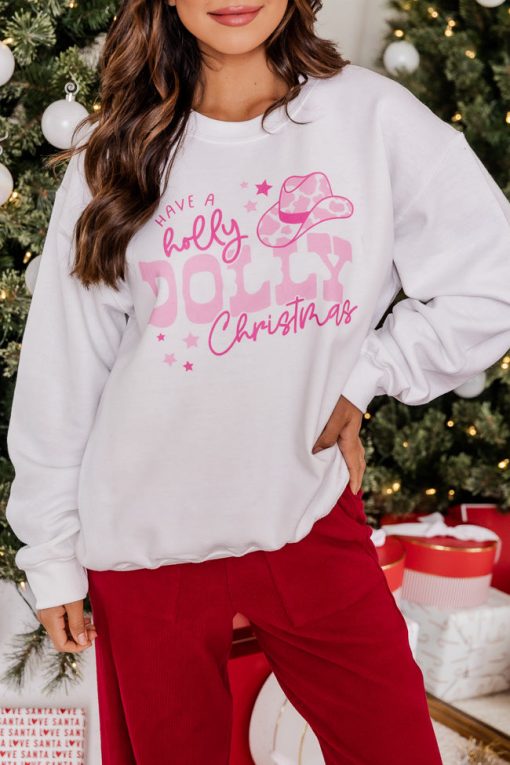 Flash Sale 💯 Pink Lily Have A Holly Dolly 🎅 Christmas White Graphic Sweatshirt ✨ -Tees Shop