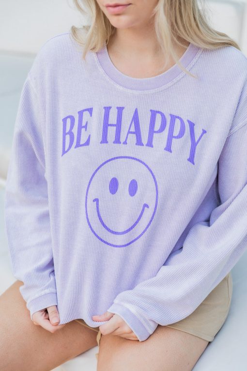 Top 10 🔥 Pink Lily Be Happy Smiley Lilac Corded Graphic Sweatshirt 🌟 -Tees Shop