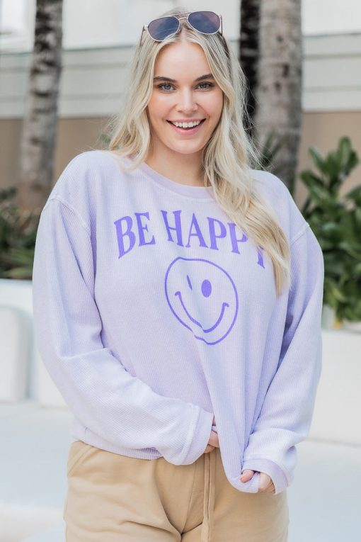 Top 10 🔥 Pink Lily Be Happy Smiley Lilac Corded Graphic Sweatshirt 🌟 -Tees Shop