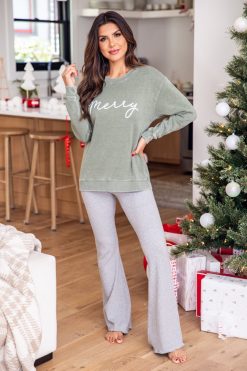 Best reviews of ❤️ Pink Lily Merry Script Olive Graphic Sweatshirt ⭐ -Tees Shop E174456 merryscriptolive 185564 silverbellsringing 1 650x