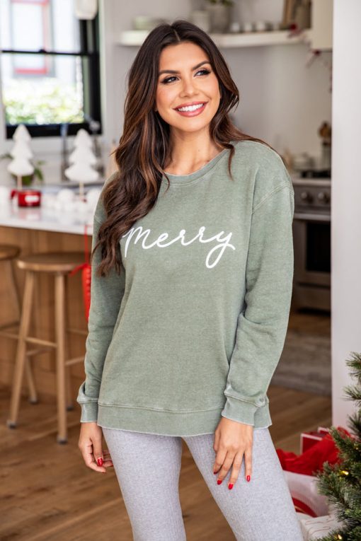 Best reviews of ❤️ Pink Lily Merry Script Olive Graphic Sweatshirt ⭐ -Tees Shop