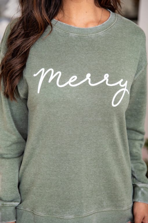 Best reviews of ❤️ Pink Lily Merry Script Olive Graphic Sweatshirt ⭐ -Tees Shop