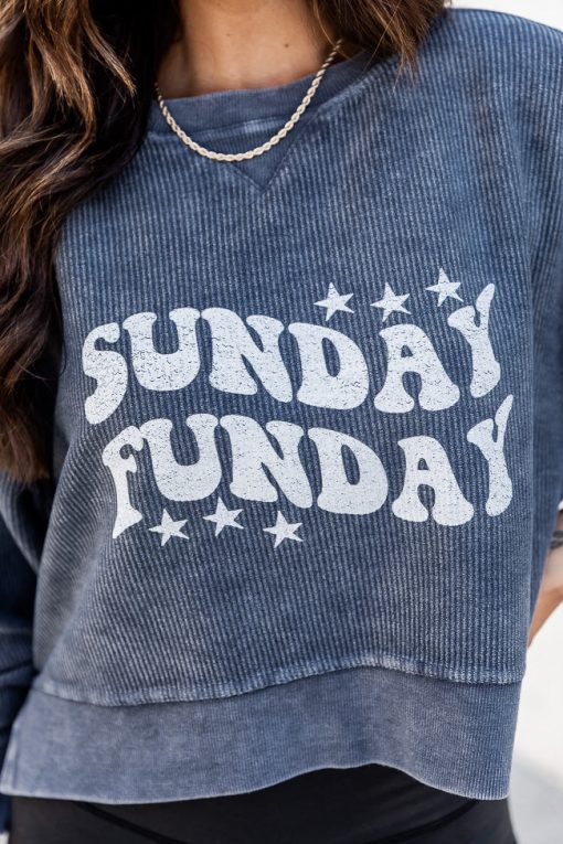 Buy ✨ Pink Lily Sunday Funday Navy Cropped Corded Graphic Sweatshirt ❤️ -Tees Shop