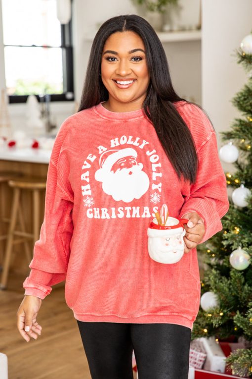 Discount 🧨 Pink Lily Have A Holly Jolly 🎁 Christmas Red Corded Graphic Sweatshirt 🎁 -Tees Shop