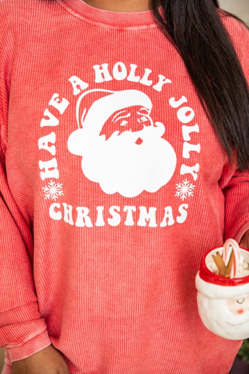 Discount 🧨 Pink Lily Have A Holly Jolly 🎁 Christmas Red Corded Graphic Sweatshirt 🎁 -Tees Shop