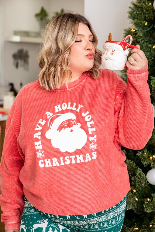 Discount 🧨 Pink Lily Have A Holly Jolly 🎁 Christmas Red Corded Graphic Sweatshirt 🎁 -Tees Shop