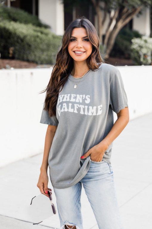 Buy ⭐ Pink Lily When's Halftime Grey Comfort Color Graphic Tee ⭐ -Tees Shop