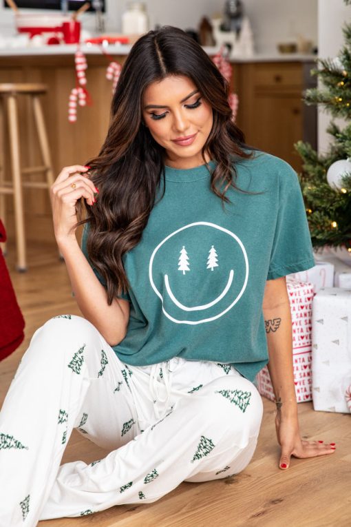 Best deal 💯 Pink Lily Smiley Face 🎄 Christmas Tree Dark Green Graphic Tee ⌛ -Tees Shop