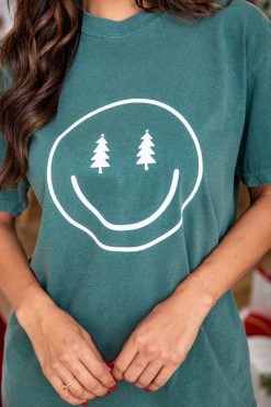 Best deal 💯 Pink Lily Smiley Face 🎄 Christmas Tree Dark Green Graphic Tee ⌛ -Tees Shop E186820 7 650x