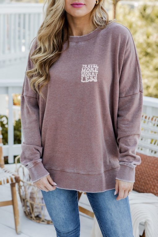 New 🧨 Pink Lily Travel More Worry Less Rust Graphic Sweatshirt ⭐ -Tees Shop