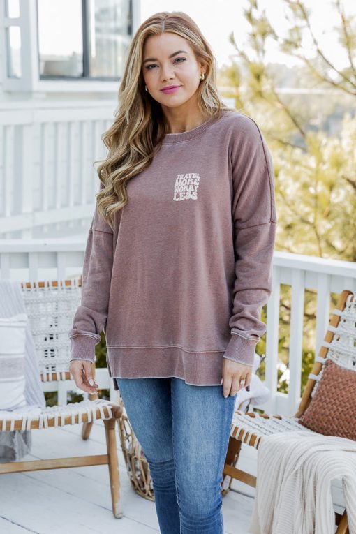 New 🧨 Pink Lily Travel More Worry Less Rust Graphic Sweatshirt ⭐ -Tees Shop