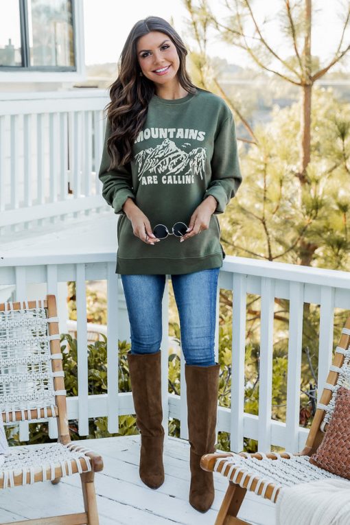 Coupon 💯 Pink Lily The Mountains Are Calling Olive Graphic Sweatshirt 🤩 -Tees Shop