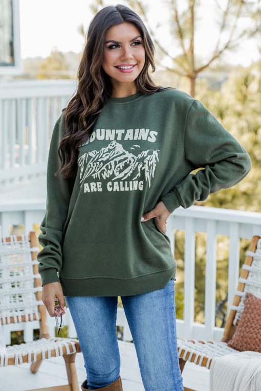 Coupon 💯 Pink Lily The Mountains Are Calling Olive Graphic Sweatshirt 🤩 -Tees Shop