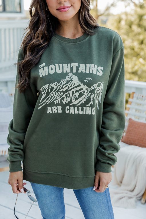 Coupon 💯 Pink Lily The Mountains Are Calling Olive Graphic Sweatshirt 🤩 -Tees Shop