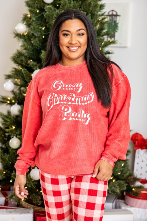 New 🌟 Pink Lily Crazy 🎁 Christmas Lady Red Corded Graphic Sweatshirt ⌛ -Tees Shop