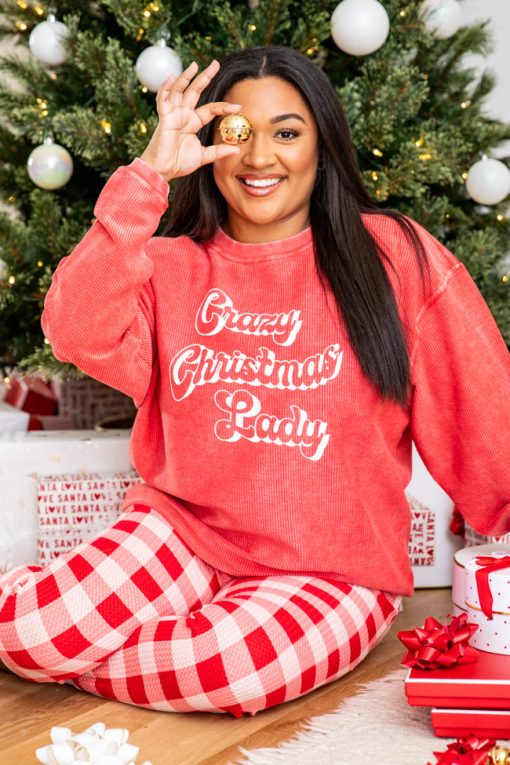 New 🌟 Pink Lily Crazy 🎁 Christmas Lady Red Corded Graphic Sweatshirt ⌛ -Tees Shop