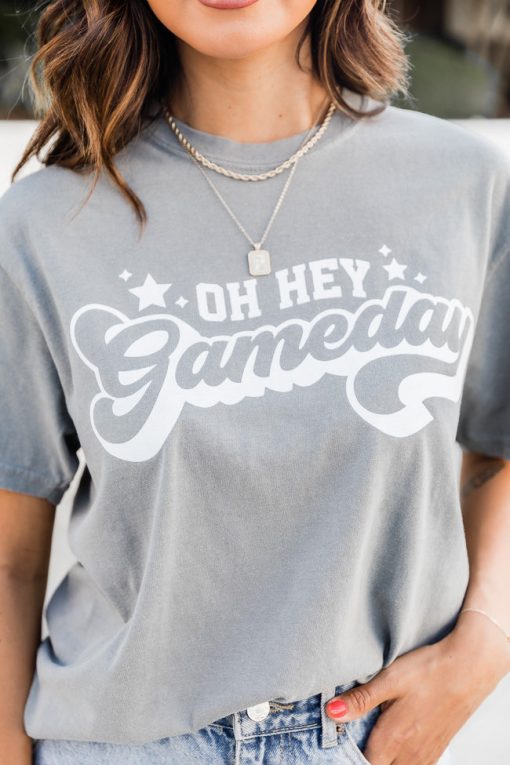 Deals 🎁 Pink Lily Oh Hey Game Day Grey Graphic Tee 🔥 -Tees Shop