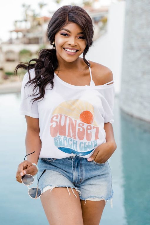 Deals 🛒 Pink Lily Sunset Beach Club White Slouchy Graphic Tee 👍 -Tees Shop