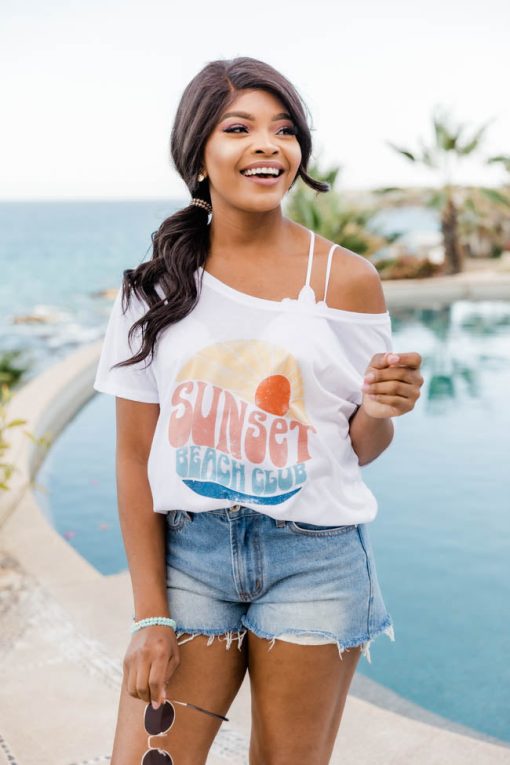 Deals 🛒 Pink Lily Sunset Beach Club White Slouchy Graphic Tee 👍 -Tees Shop