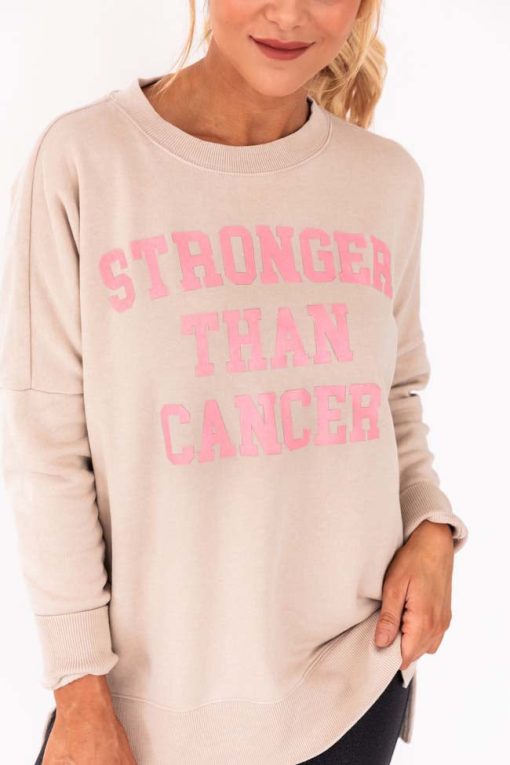 Cheap 🔥 Pink Lily Stronger Than Cancer Light Tan Graphic Sweatshirt 🔔 -Tees Shop