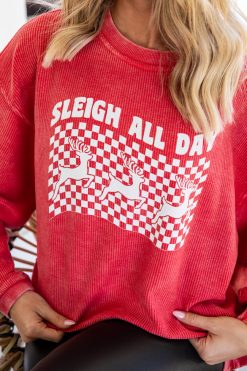 Cheap 👏 Pink Lily Sleigh All Day Red Corded Graphic Sweatshirt 😀 -Tees Shop G181774 7 650x