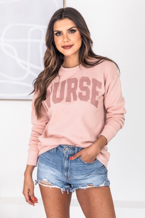 Cheap 🎁 Pink Lily Nurse Block Peach Graphic Sweatshirt ❤️ -Tees Shop