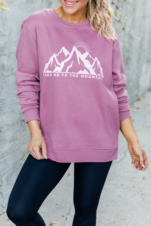 Brand new 🛒 Pink Lily Take Me To The Mountains Mauve Graphic Sweatshirt ✔️ -Tees Shop