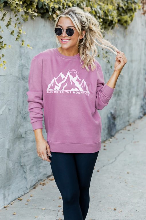 Brand new 🛒 Pink Lily Take Me To The Mountains Mauve Graphic Sweatshirt ✔️ -Tees Shop